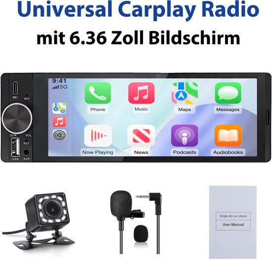 JUNSUN 1DIN FM autoradio -Draadloos Carplay Android Auto - Bluetooth - Achteruitrijcamera & Microfoon met 6,36" scherm RDS, USB, Stuurwielbediening