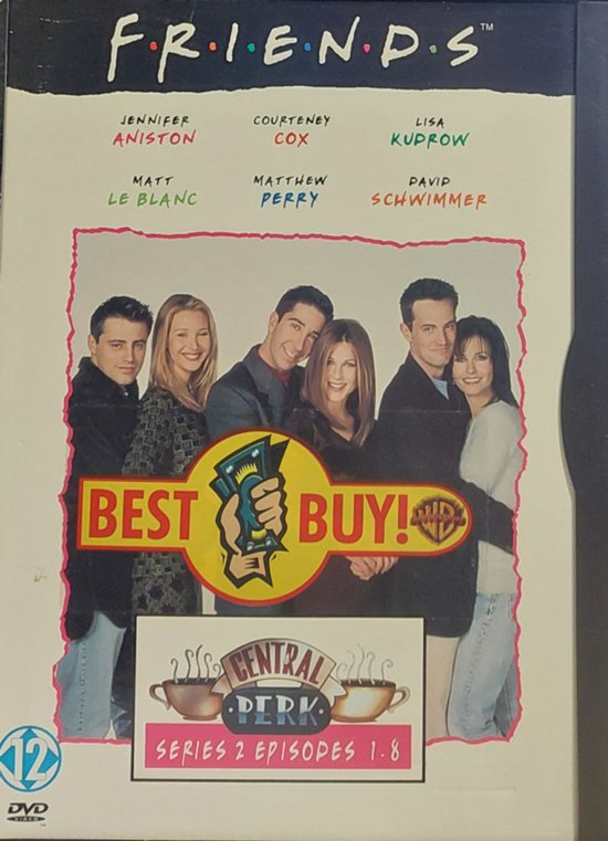 Friends - Serie 2, Afleveringen 1-8 DVD box met de hoofdrolspelers, "Best Buy!" logo en Central Perk logo.