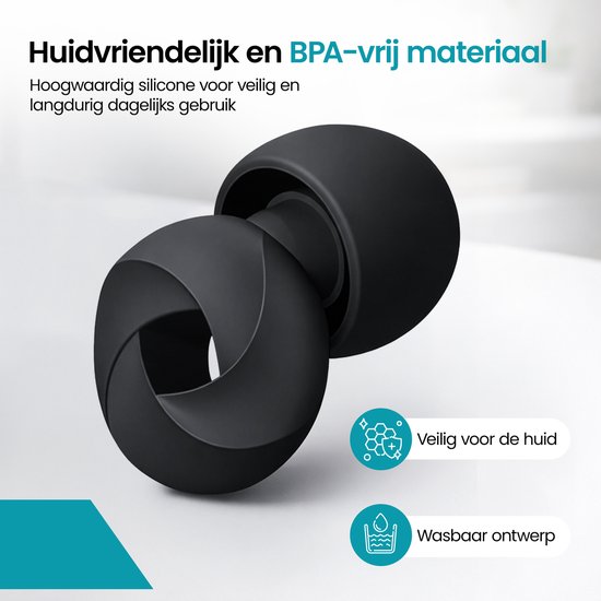 Zwarte, spiraalvormige oordoppen met de tekst 'Huidvriendelijk en BPA-vrij materiaal'.