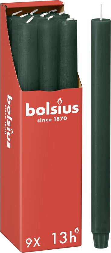 Doos met 9 donkergroene dinerkaarsen, 27cm, met Bolsius logo.