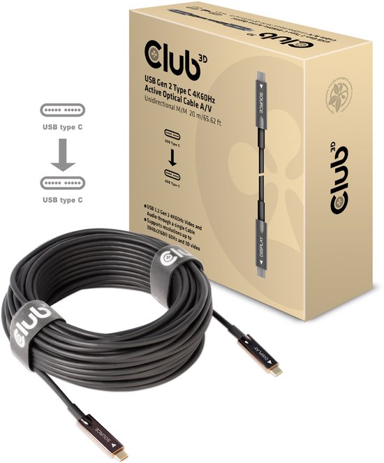 Club 3D USB Gen 2 Type C actieve optische kabel 4K 60Hz Ultra HD unidirectioneel M/M 20 meter