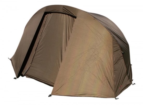 Bruine, koepelvormige bivvy met een open ingang en een luifel.