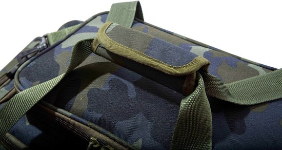Handvat van een camouflagemotief tas met stevige stiksels en een gewatteerd handvat.