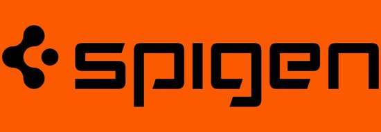 Spigen logo op oranje achtergrond.