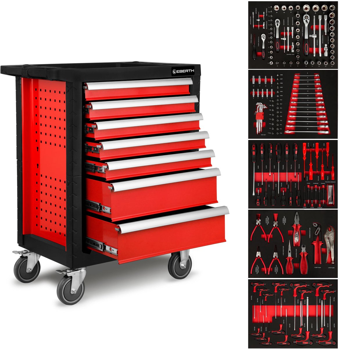 EBERTH Werkplaatswagen, 167-delig uitgerust, 7 lades, waarvan 5 gevuld met gereedschap, dubbelwandige gereedschapswagen van staal, rood gepoedercoat, zwenkwielen, rem, ergonomische handgrepen