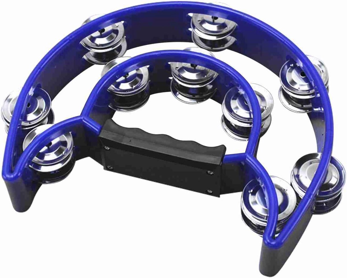 Handtamboerijn - Percussie drum - Muziek maken - Dubbele rij jingles - 20 cm diameter - Blauw