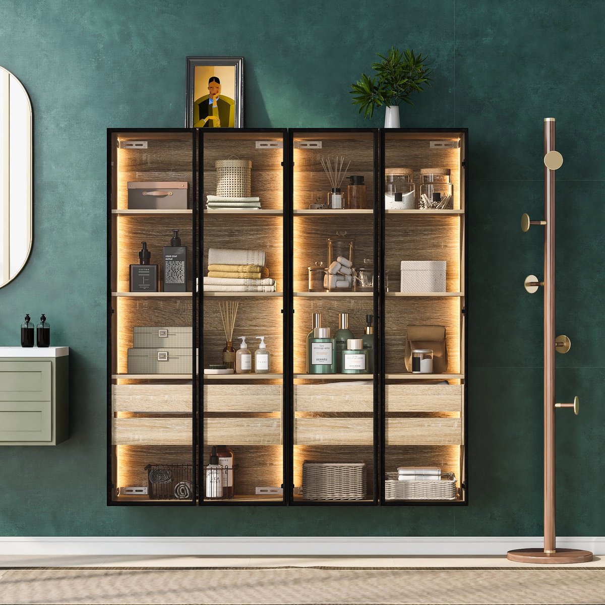 MODFU - Kastenset - Met Ledverlichting En Matglazen Deuren - Modern - MDF - Naturel - 2 Stuks