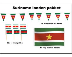 Suriname versiering pakket - Vlag Suriname 150cmx90cm (1x) - Cocktailprikkers Suriname (50x) - Vlaggenlijn Suriname 1000cm(1x) - voetbal festival evenement party decoratie