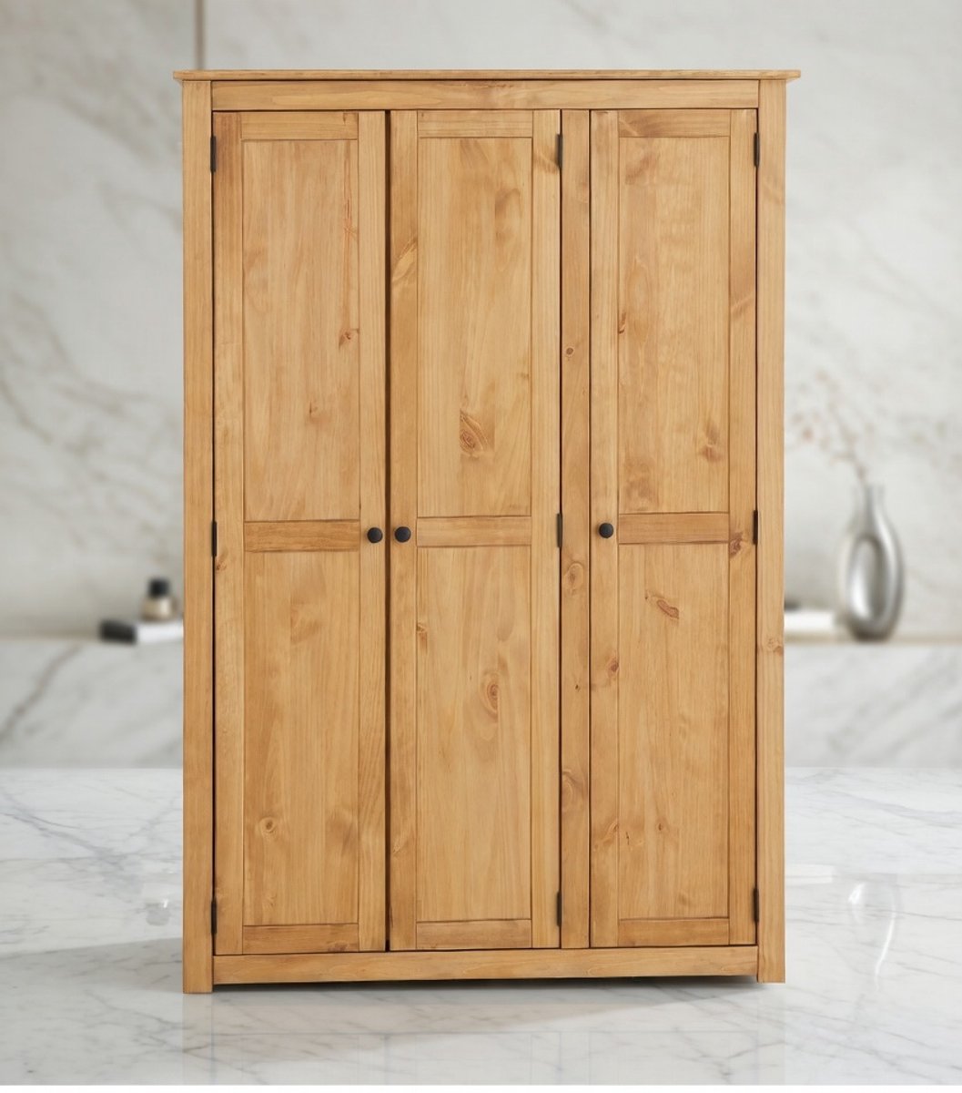 Cancun Massieve 3-Deurs Grenen Houten Kledingkast | Ruime Slaapkamerkast | Gebeitst & Gewaxt | Stijlvolle Opbergruimte voor Kleding, Accessoires en Beddengoed House&Garden