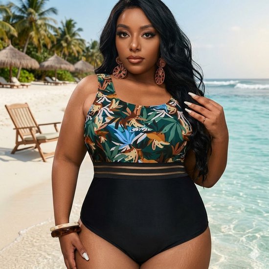Maillot de bain sexy Grandes tailles - Maillot de bain en maille imprimé tropical femme - Mode maillots de bains Bikini Maillots de bain Beachwear 196 - Zwart multicolore - Taille 3XL