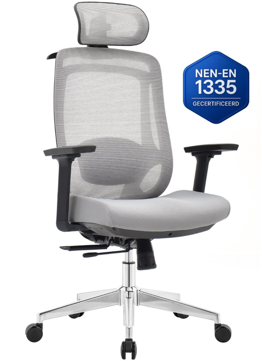 OfficeSense OS120 Ergonomische Bureaustoel – Mesh Kantoorstoel – NEN1335 – Kantelbaar – Lendensteun – Volwassenen – Grijs – Comfort Design