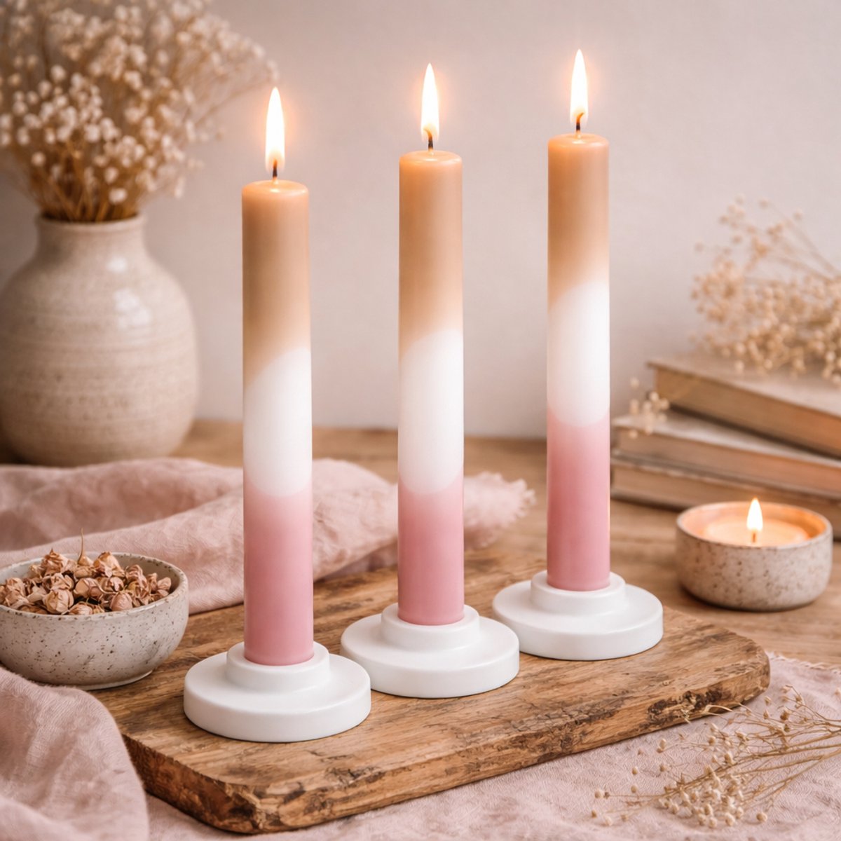Arti Casa dip dye dinerkaars - set van 3 kaarsen - ongeparfumeerd - uniek dip dye design - lange brandduur - hoogte 25 cm - roze/wit verloop - trendy tafeldecoratie
