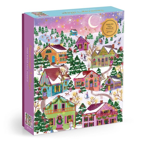 Doos van een puzzel met 1000 stukjes, genaamd "Snowcap Village". Een wintertafereel met kleurrijke huizen, besneeuwde bomen en mensen die skiën en schaatsen.