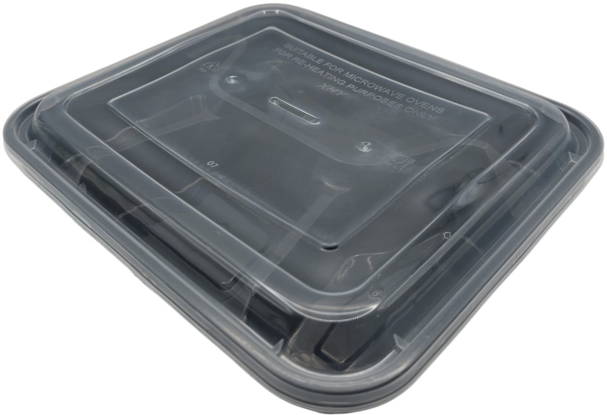 Magnetron bakjes met deksel 4 vak - 50 stuks Mealprep / Maaltijd bakjes - 1100ML (37 OZ) - Vershoudbakjes - Plastic bakjes - Diepvriesbakjes - Vaatwasbestendig - Zwart - Recyclebaar - Magnetronbakje - Microgolf - Food container with lid