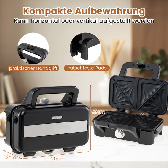 COSTWAY Elektrische sandwichmaker, 1200 W, 3-in-1 wafelijzer, panini-pers en sandwichtoaster, draagbare contactgrill met 6 afneembare antiaanbakplaten en 5 temperatuurregelingen van Costway — afbeelding 2