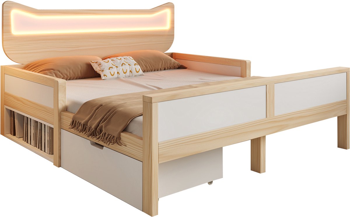Merax Kinderbed 140x200 cm - met kattenoor hoofdsteun - met LED-verlichting - lade flexibel te installeren - wit en houtkleur - zonder matras