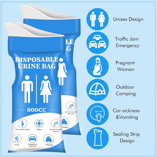 12 Plaszakken / Wegwerp Urinezakken 800 ml - Noodtoilet voor Auto, Camping & Reizen - Lekvrij & Absorberend — afbeelding 2