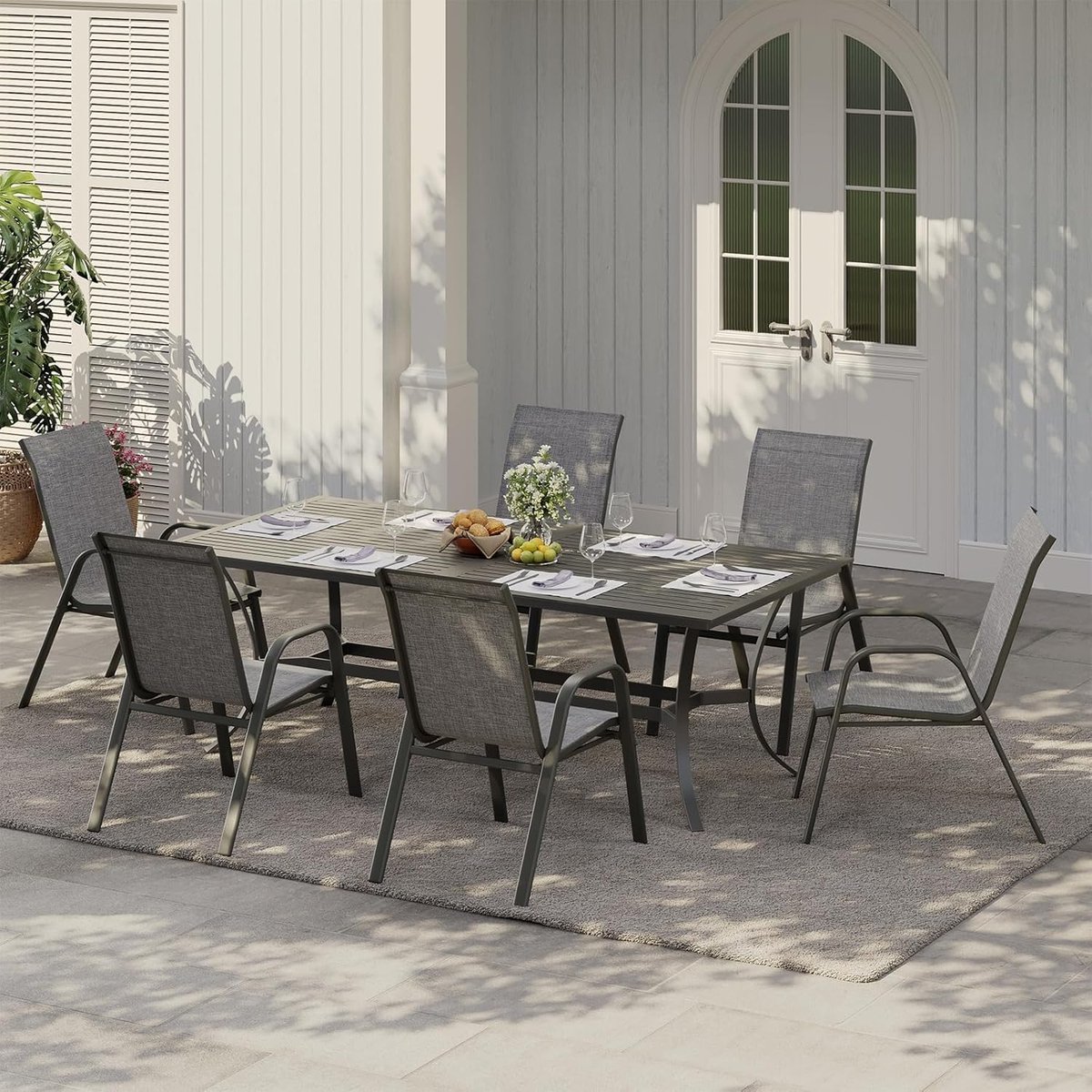 Tuinstoelen Set van 4 - Stapelbaar - Textileen & Metaal - Weerbestendig en Roestvrij - Luxe Buitenstoelen voor Tuin, Balkon & Terras - Grijs – foto 4