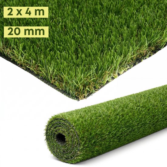 Gedetailleerde opname en rol van 2 x 4 m kunstgras, 20 mm.