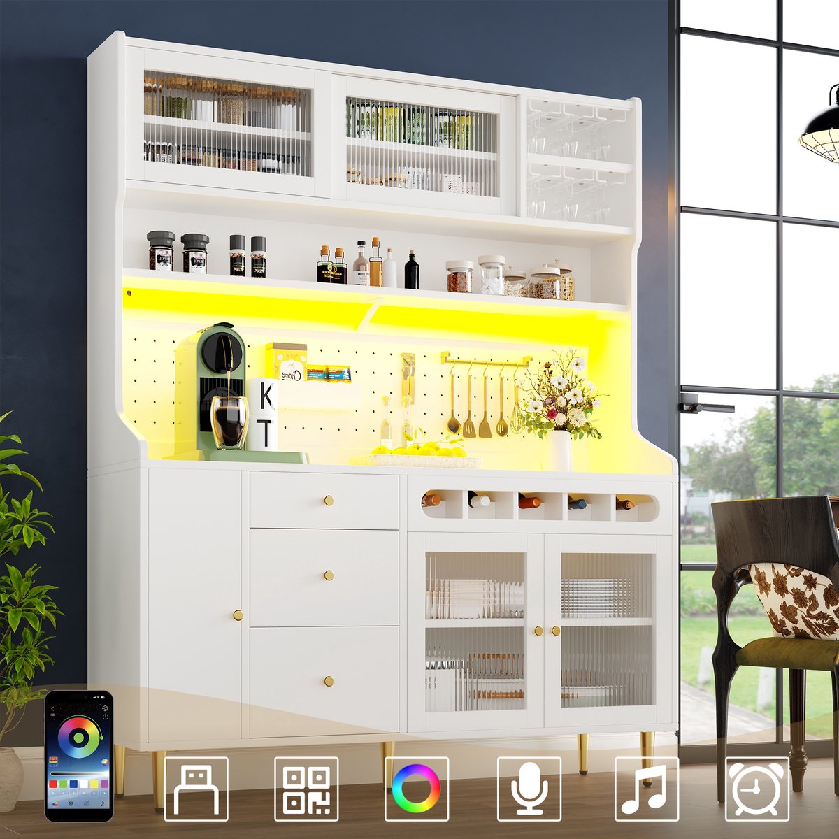 REDOM - Hoge Keukenkast Met Ledverlichting En Verstelbare Planken - Modern - Glas En MDF - Wit - 145 x 39 x 171 cm