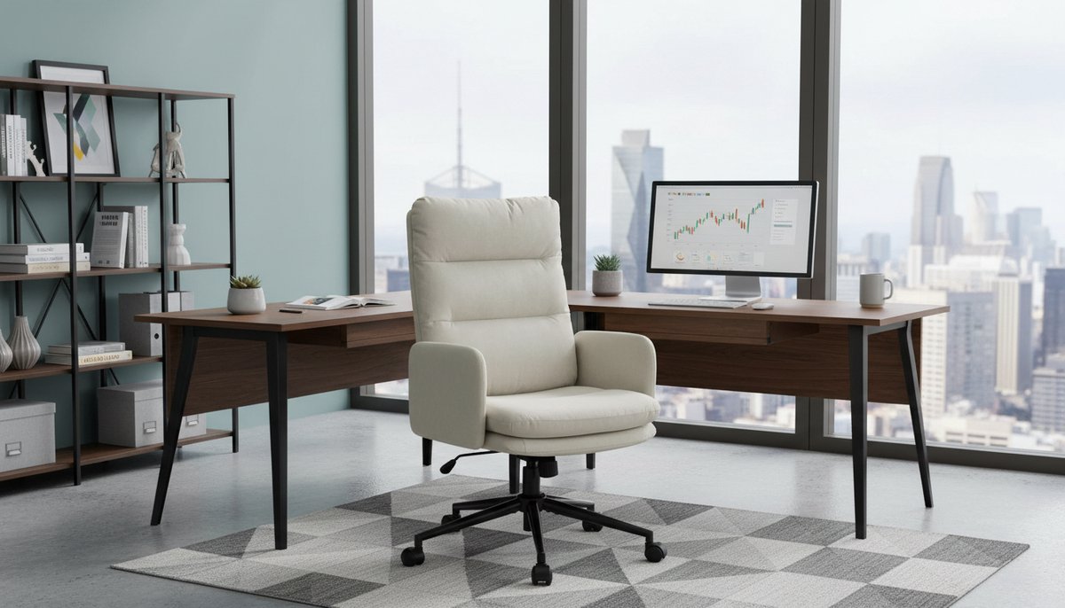 Bureaustoel Casa Velluto LuxeDesk – Ergonomische Draaistoel met Armleuningen, Hoogte Verstelbaar, Draaibaar 360°, Comfortabel Zitkussen, Kantoor- en Kaptafelstoel – Beige