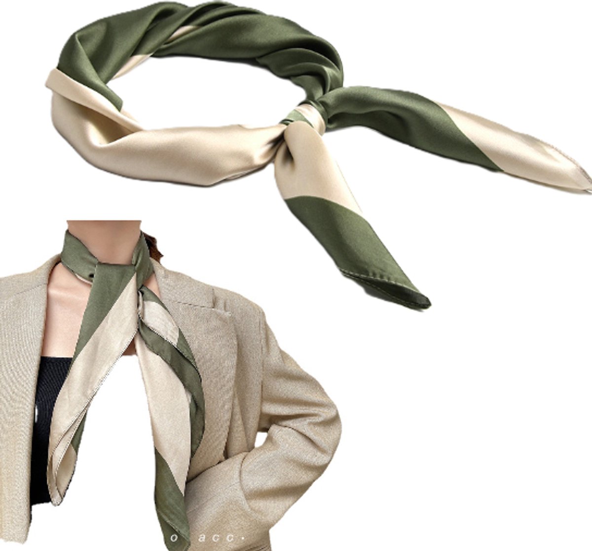 Zijden sjaal - Groen Beige - Sjaaltjes dames klein - Neksjaaltje dames – Neksjaal - Vierkant zijden sjaaltje - Elegante halsdoek – Halsdoek – LOUZIR