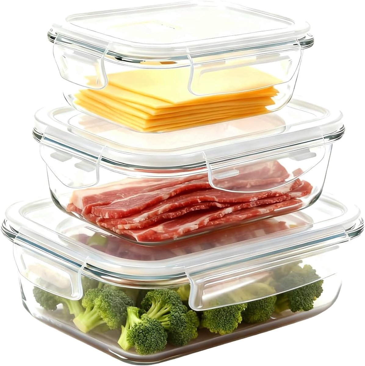 Kaasbox Set - Voedselcontainers Glas - Koelkast Opslag - Luchtdicht Geurdicht - 3 Delig