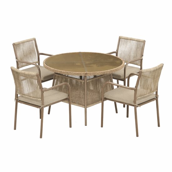 Ensemble de table de jardin Delightness - Ensemble de meubles de jardin - Table de jardin - Chaises de jardin - Ensemble de jardin - Table en verre ronde - 4 chaises - Extérieur - Beige