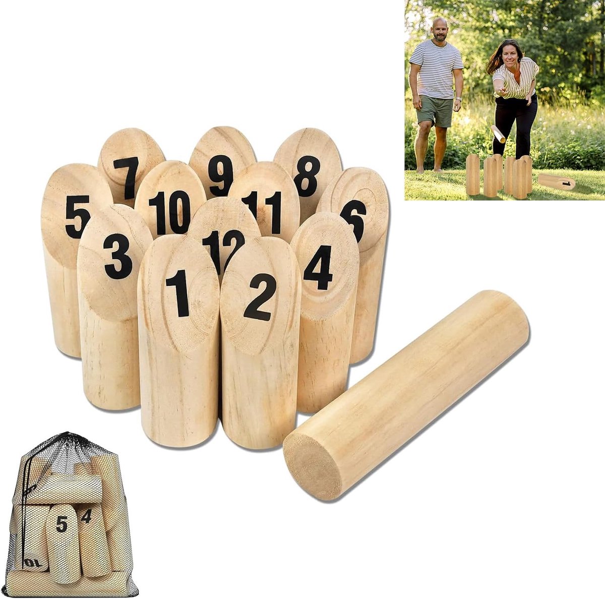 Houten Werpspel - Tuinspel Kubb - Buiten Spelen - Genummerde Kubussen - Inclusief Opbergtas - Natuurlijk Hout