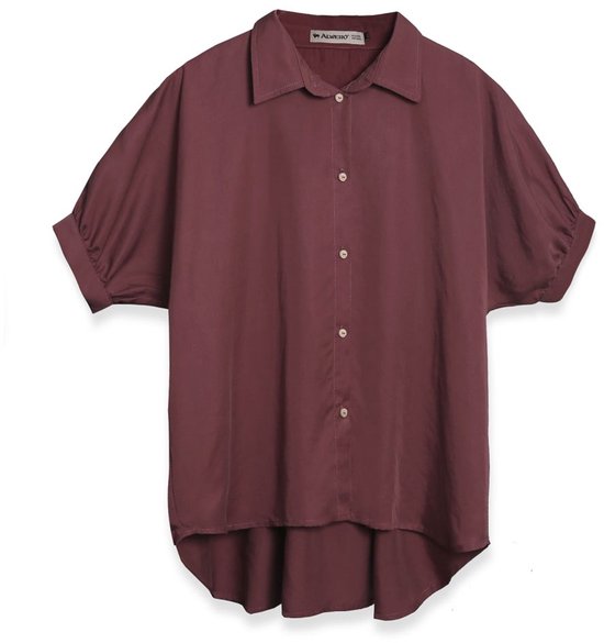 Chemise Alwero brun-rouge à manches courtes retroussées et col.