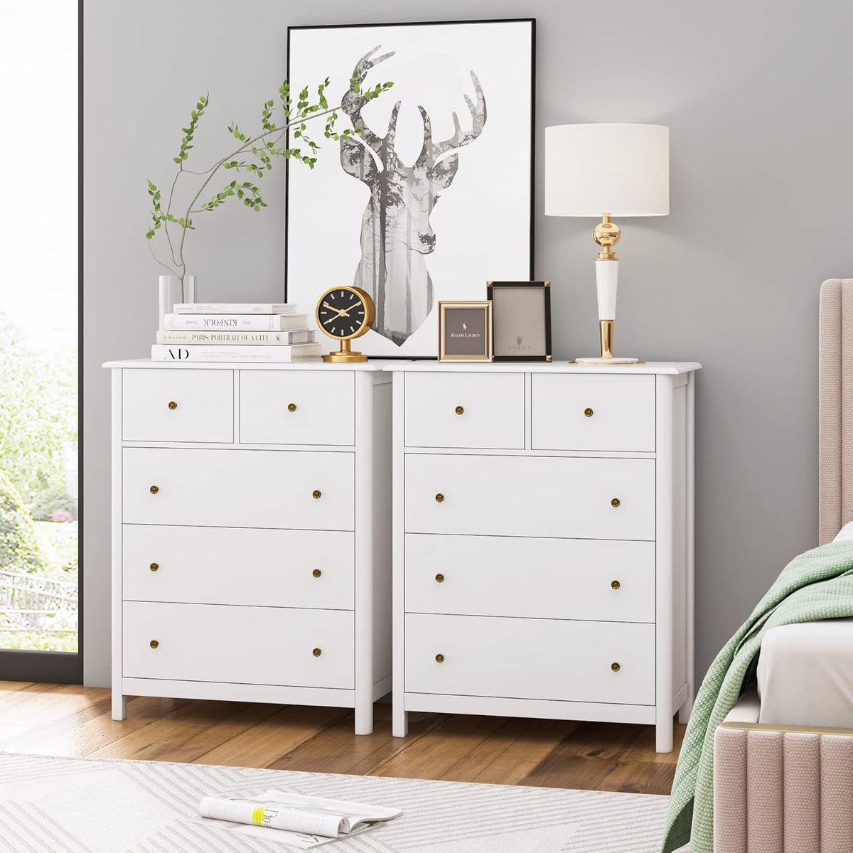 Moderne Ladekast met 5 Lades – Witte Commodekast / Dressoir met Gouden Handgrepen – Opbergkast voor Woonkamer, Slaapkamer en Hal – 74 x 40 x 94 cm – Novihome