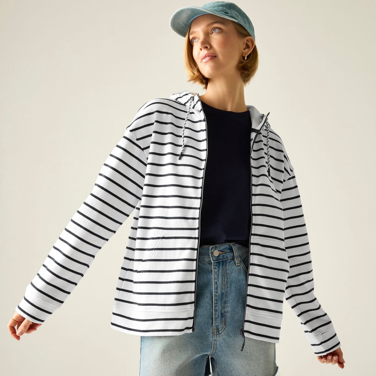 Dames Bayletta hoodie met volledige ritssluiting en strepen Cremewit