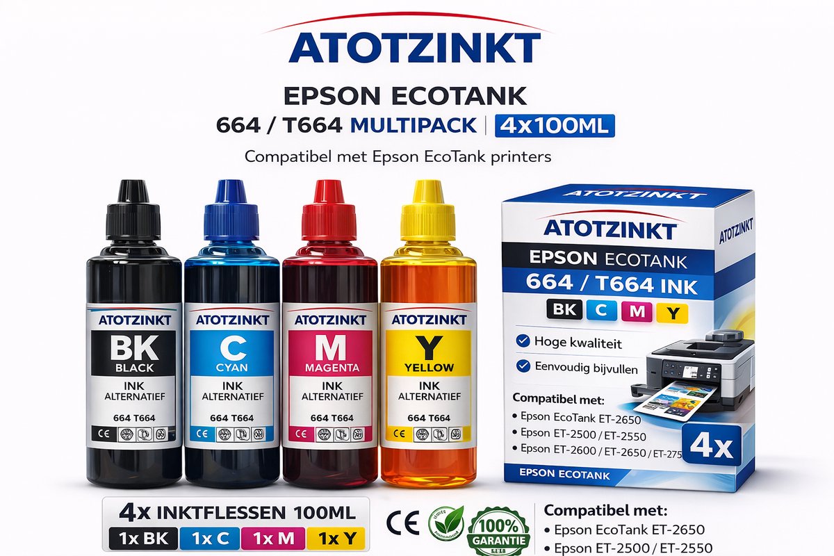 Epson Ecotank ET-2650 664 t664 navulinkt huismerk inktflesjes 4x100 ml Kleur+zwart
