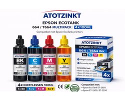 AtotZinkt Epson Ecotank ET-2650 664 t664 navulinkt huismerk inktflesjes 4x100 ml Kleur+zwart