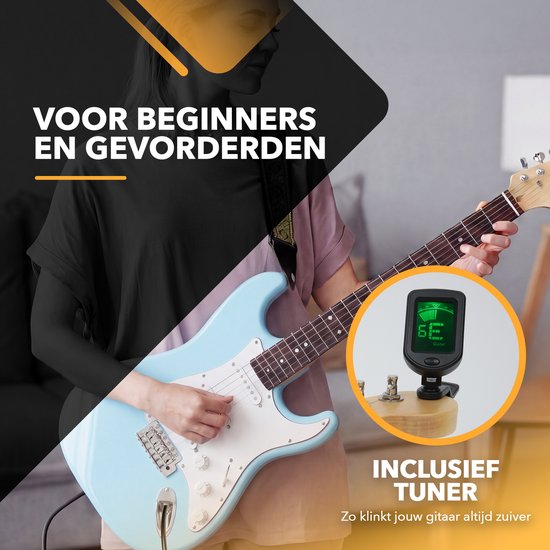 Jongere vrouw bespeelt een lichtblauwe elektrische gitaar, met een groen stemapparaat op de kop. "VOOR BEGINNERS EN GEVORDERDEN", "INCLUSIEF TUNER"