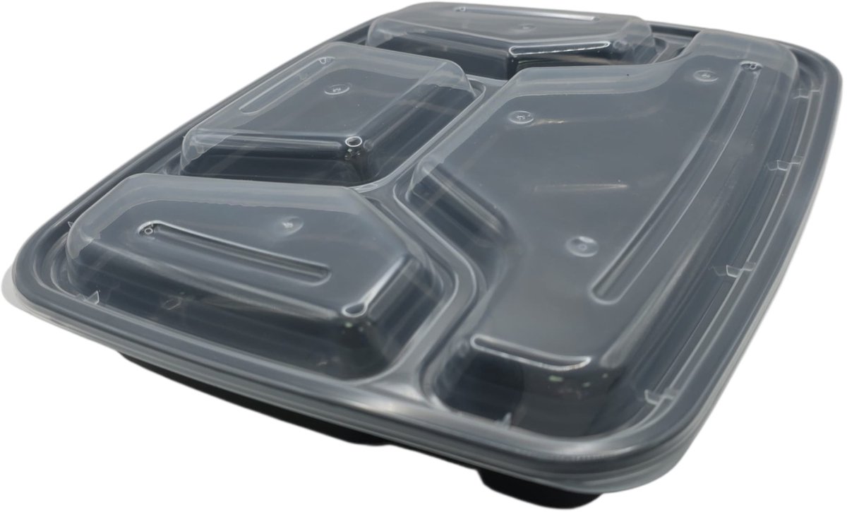 Magnetron bakjes met deksel 4 vak - 50 stuks Mealprep / Maaltijd bakjes - 1100ML (37 OZ) - Vershoudbakjes - Plastic bakjes - Diepvriesbakjes - Vaatwasbestendig - Zwart - Recyclebaar - Magnetronbakje - Microgolf - Food container with lid