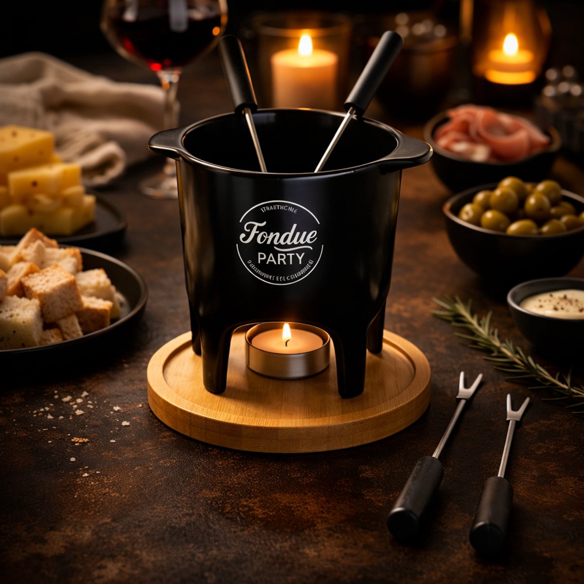 Fondue Set voor 2 Personen – Keramiek met Bamboe Onderplaat – Inclusief 2 Vorkjes – Ø 11 x H 15 cm – foto 3