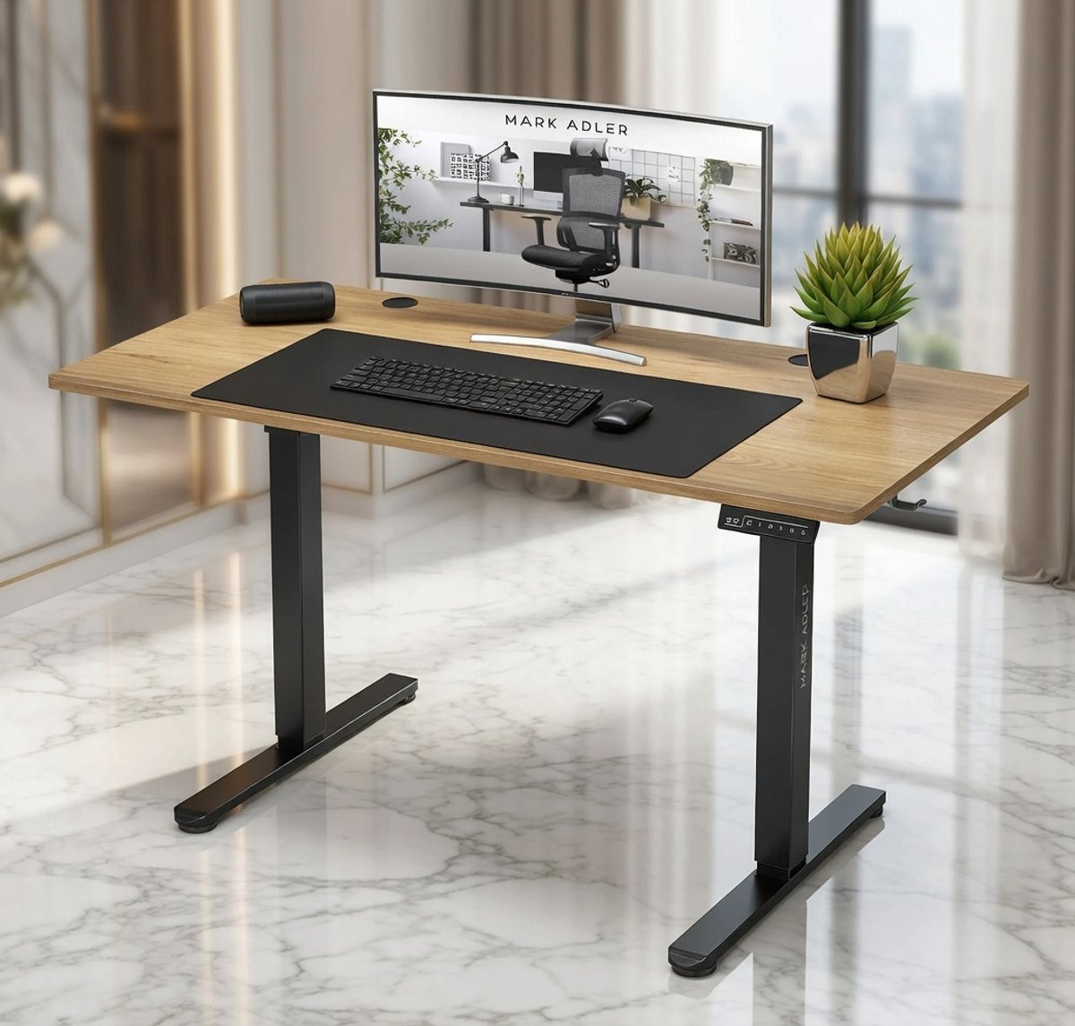 Elevate 7.0 Elektrisch Verstelbaar Bureau – Computertafel, Statafel en Werkstation – 120x60 cm – Sta- en Zitbureau met 3 Geheugeninstellingen, Memobord en Kabelbeheer – Zwart Frame met Eiken Tafelblad House&Garden
