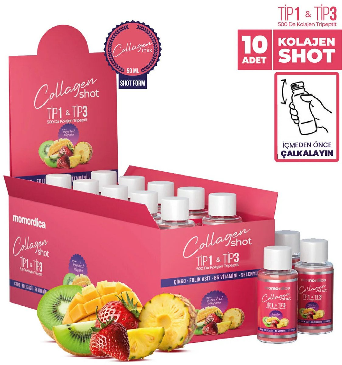Momordica Collageen Shot Drank 10x 50ml – Type 1 & 3 – Met Zink, Selenium & Vitamine B6
