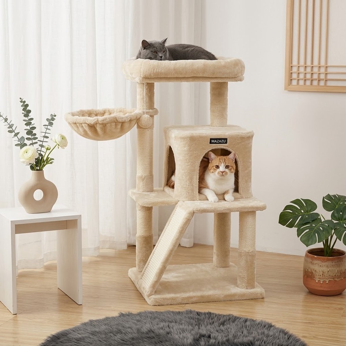 Krabpaal Compact 96cm Beige – Met Krabplank, Huisje & Relaxmand thumbnail 3