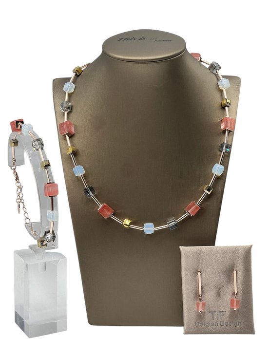 TIF - Sieraden - Sieradenset Dames - Halsketting - Verstelbaar 42-47 cm - Oorbellen - Armband - Verstelbaar 18-22 cm - Rosé Gold