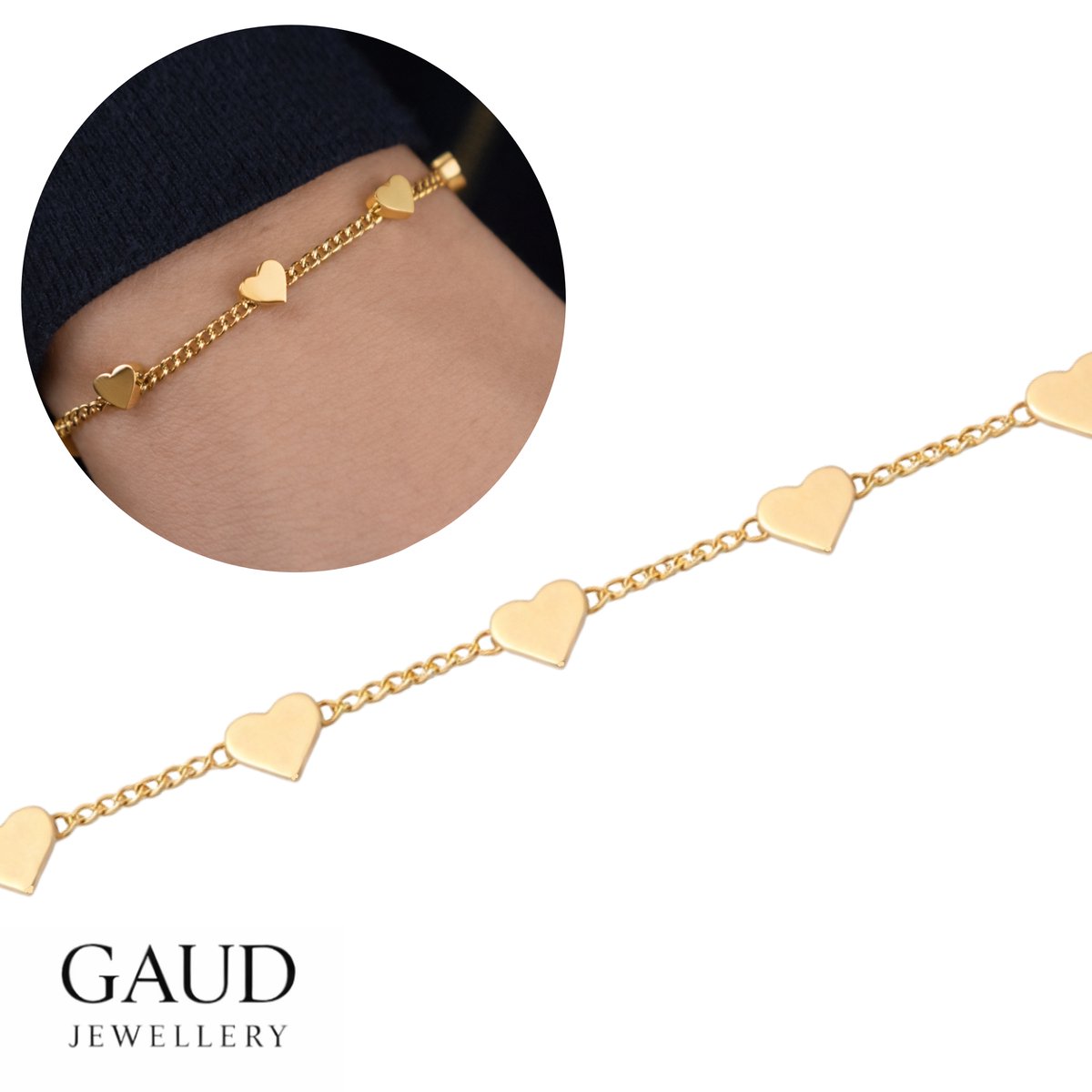 GAUD Gouden Hartjes Armband – 6 Hartjes – Stainless Steel – Verstelbaar 17–22 cm – Hypoallergeen & Kleurvast