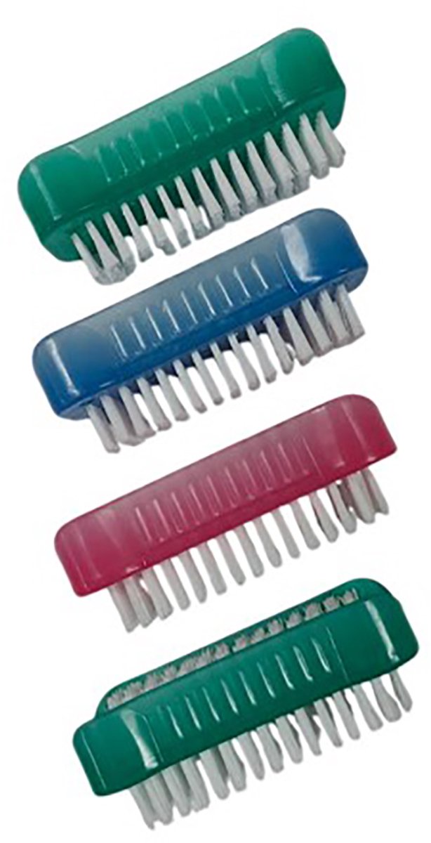 NTB - Dubbelzijdige Nagelborstels - Handwasborstel - Voordeelset van 4 Stuks - afmeting 9 x 3 cm. - geleverd in 3 kleuren.