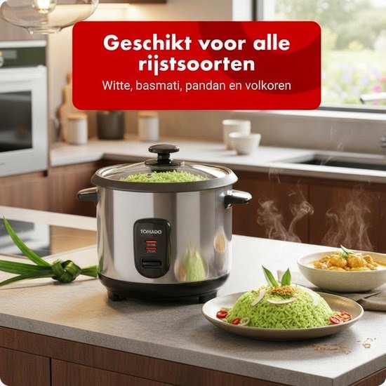Tomado TRC1001S - Rijstkoker - Inhoud 1 liter - Warmhoudfunctie - 5 porties - Anti aanbaklaag - Rice cooker - Rvs