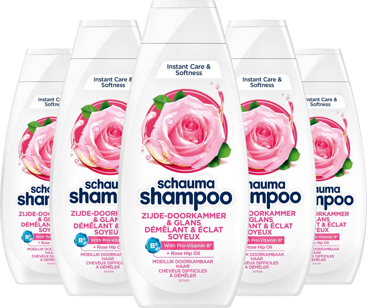 Schauma Shampoo Silk Comb - Haarverzorging - Verzorgt, ontwart en geeft Glans - Met rozenbottelolie - Voor Moeilijk Kambaar Haar - Voordeelverpakking - 5x 400ml