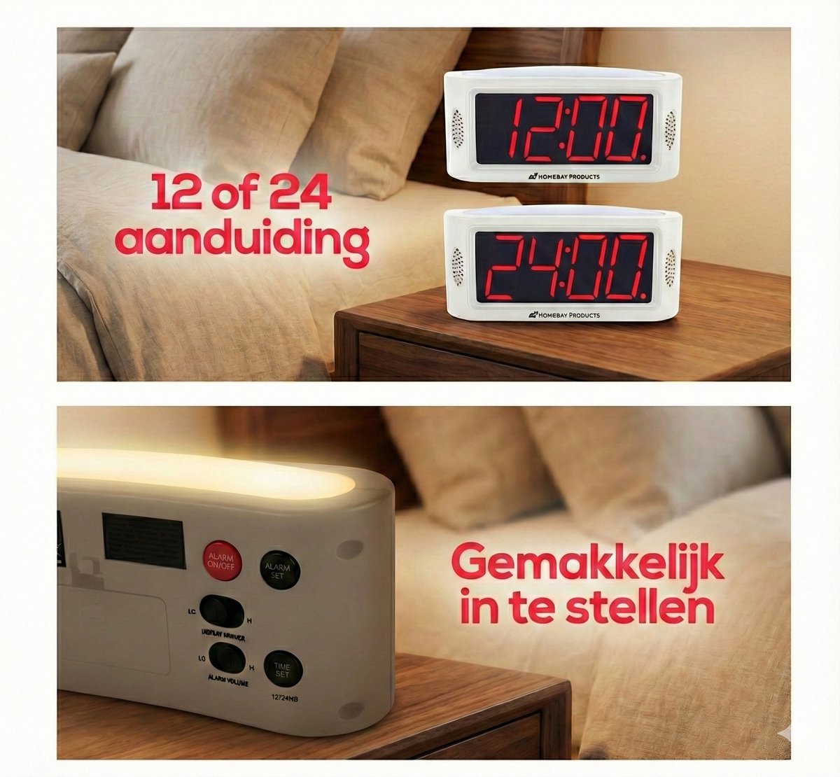 HomeBay® Digitale Wekker - Grote Cijfers - Slaapvriendelijk Rood Licht - Dimbaar - Wit — cadeau in Wonen & Interieur - foto 5