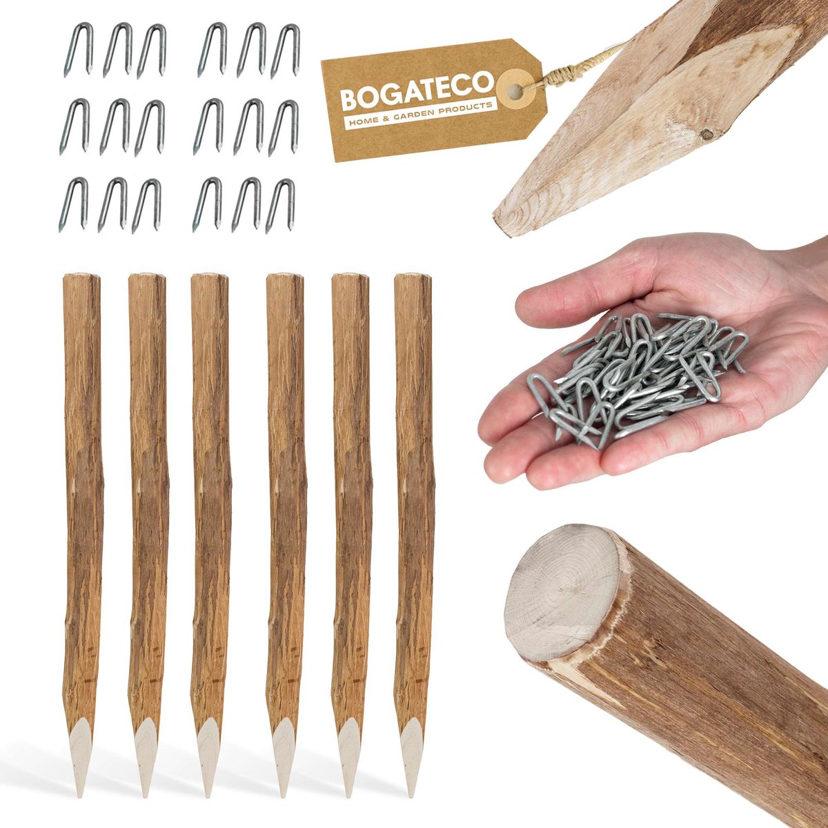 BOGATECO 6 x Hazelnoothouten schuttingpalen | Hoogte 90 cm | Puntige houten palen | Set van 6 | Schuttingpalen, houten palen, ronde houten palen | Houten paal voor boerderijschuttingen, tuinschuttingen