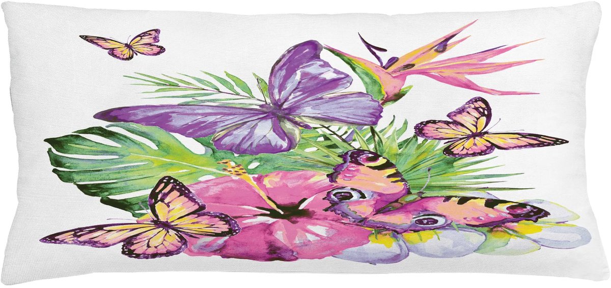 ABAKUHAUS Kussenhoes Aquarel – Tropische Vlinders – 90x40 cm – Rechthoek, Roze/Lila/Groen