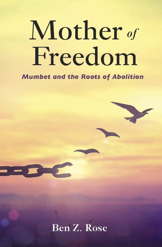 Livre 'Mother of Freedom' avec des oiseaux en vol et une chaîne brisée au coucher du soleil.