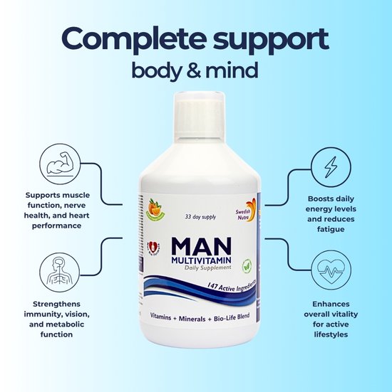 MAN MULTIVITAMIN, dagelijks supplement in een witte fles met blauwe en witte opdruk. Ondersteunt spierfunctie, zenuwgezondheid en hartprestaties.